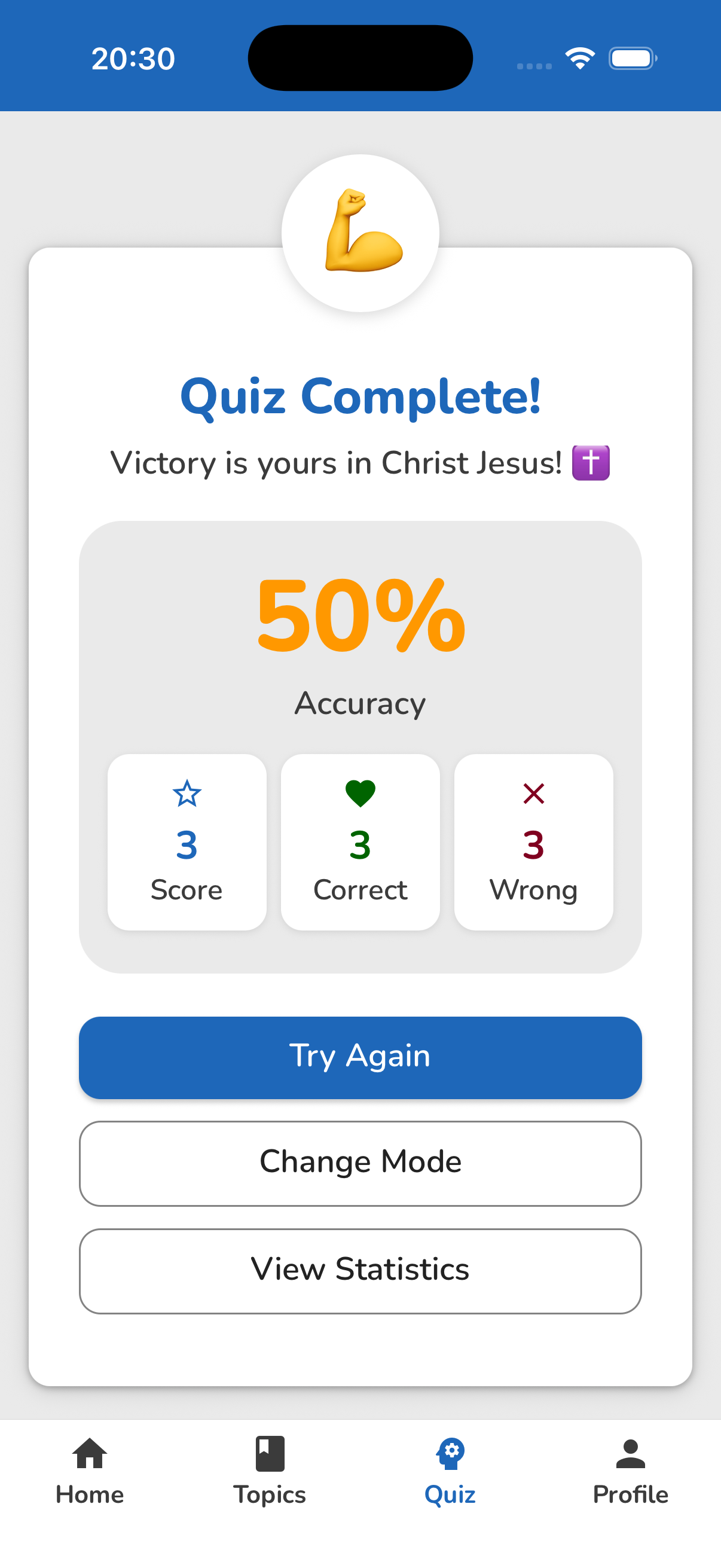 Bible Topics quiz results screen
