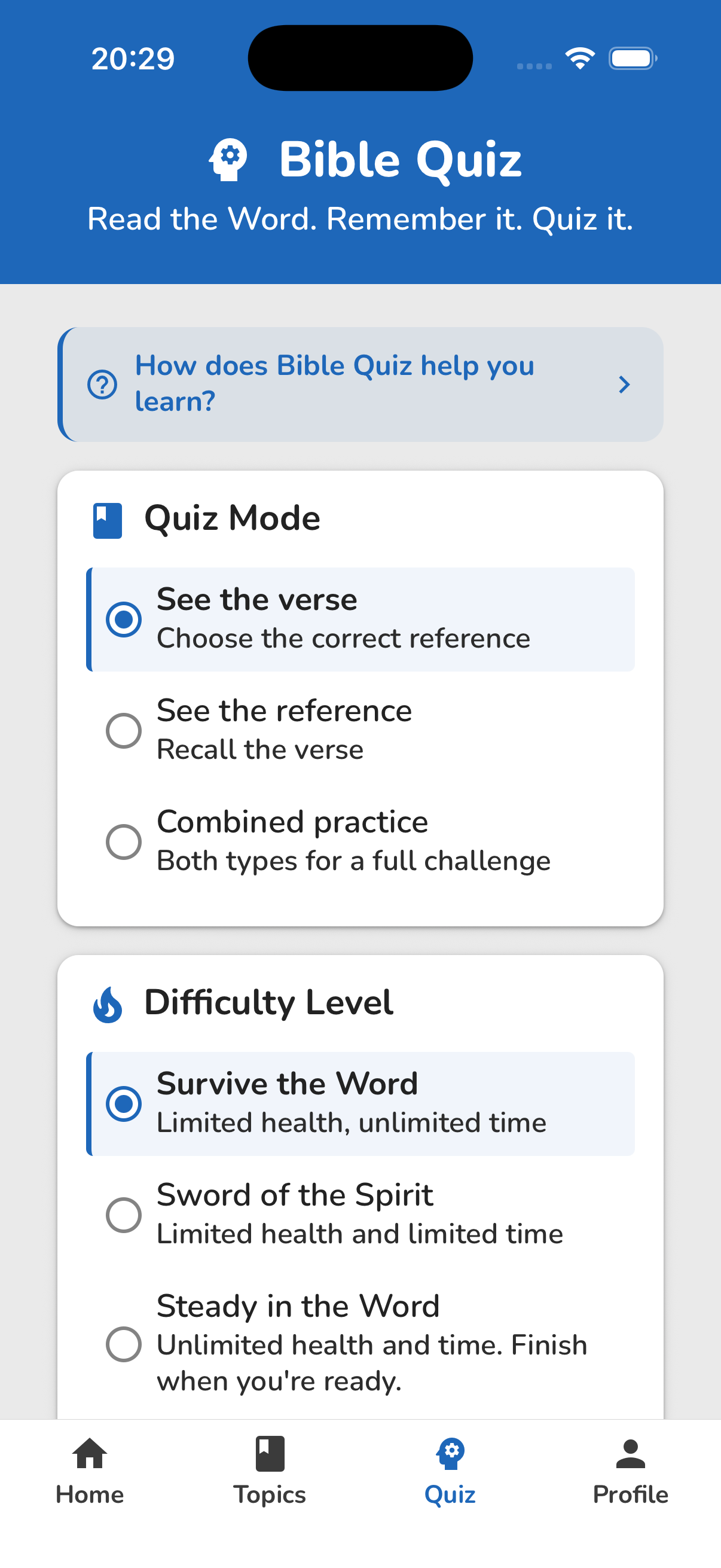 Bible Topics quiz setup screen