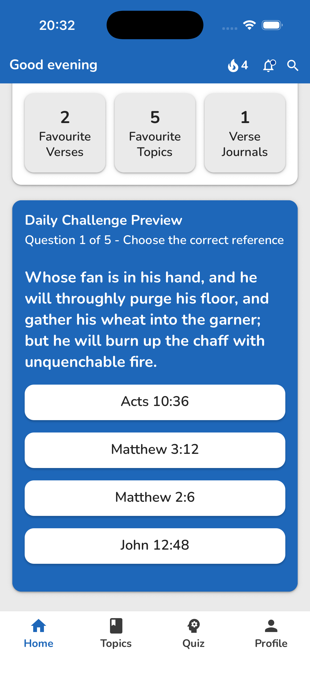 Bible Topics Home showing reading stats and the daily challenge preview