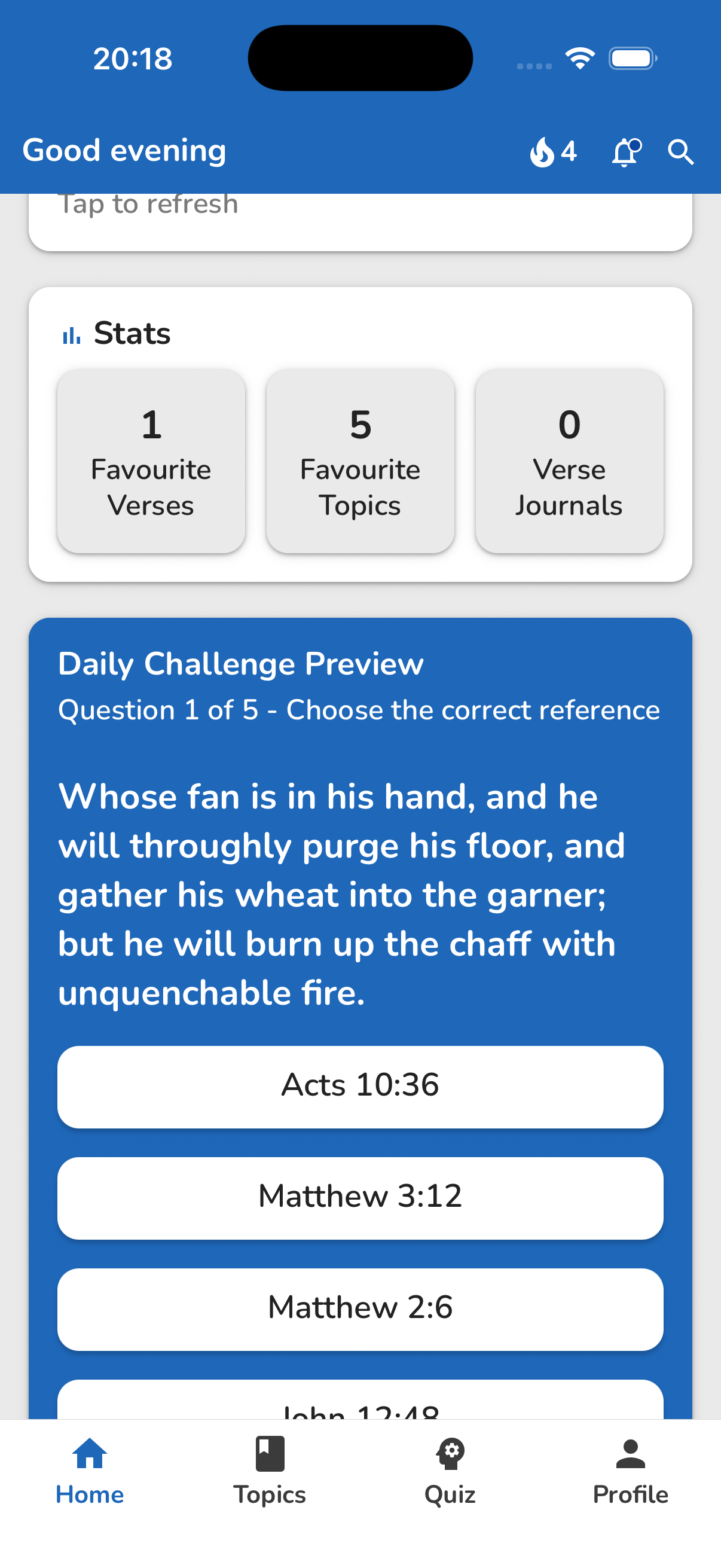 Bible Topics Home showing the daily challenge preview