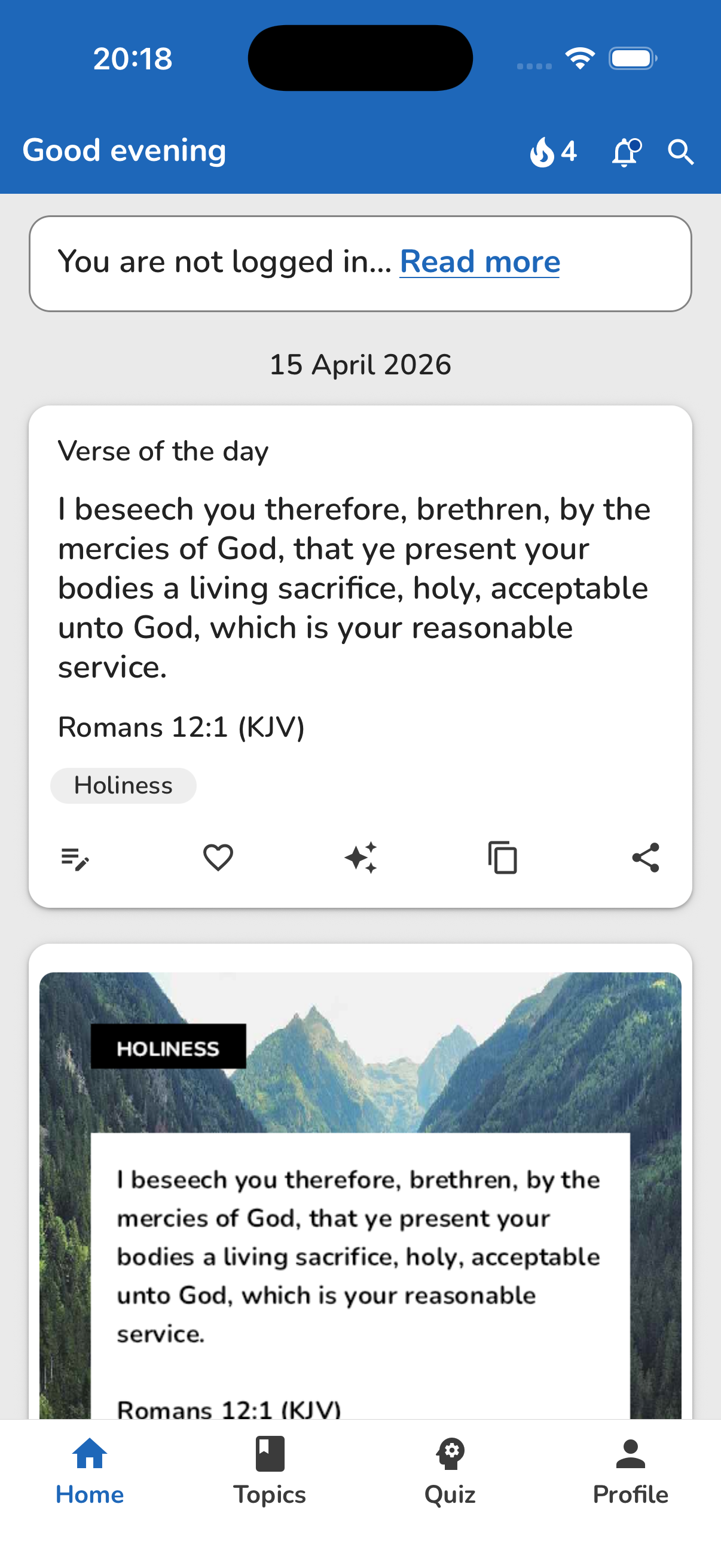 Bible Topics Home showing the verse of the day and topic tag