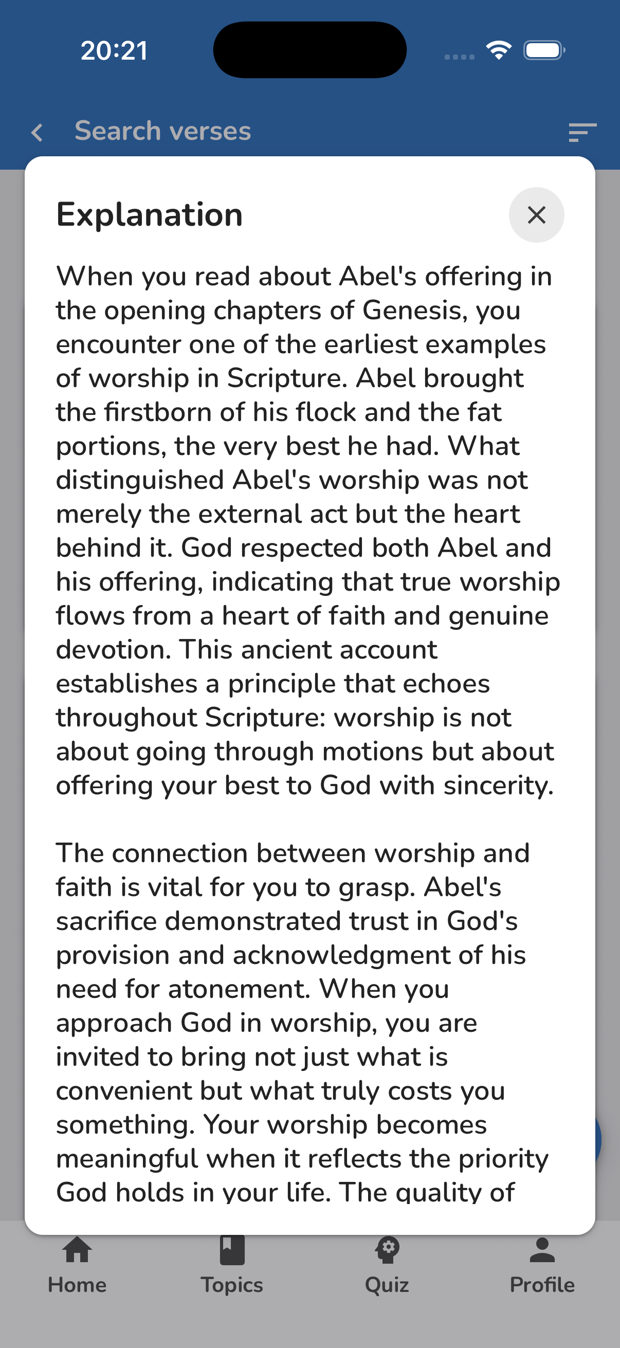 Bible Topics verse explanation modal or detail view