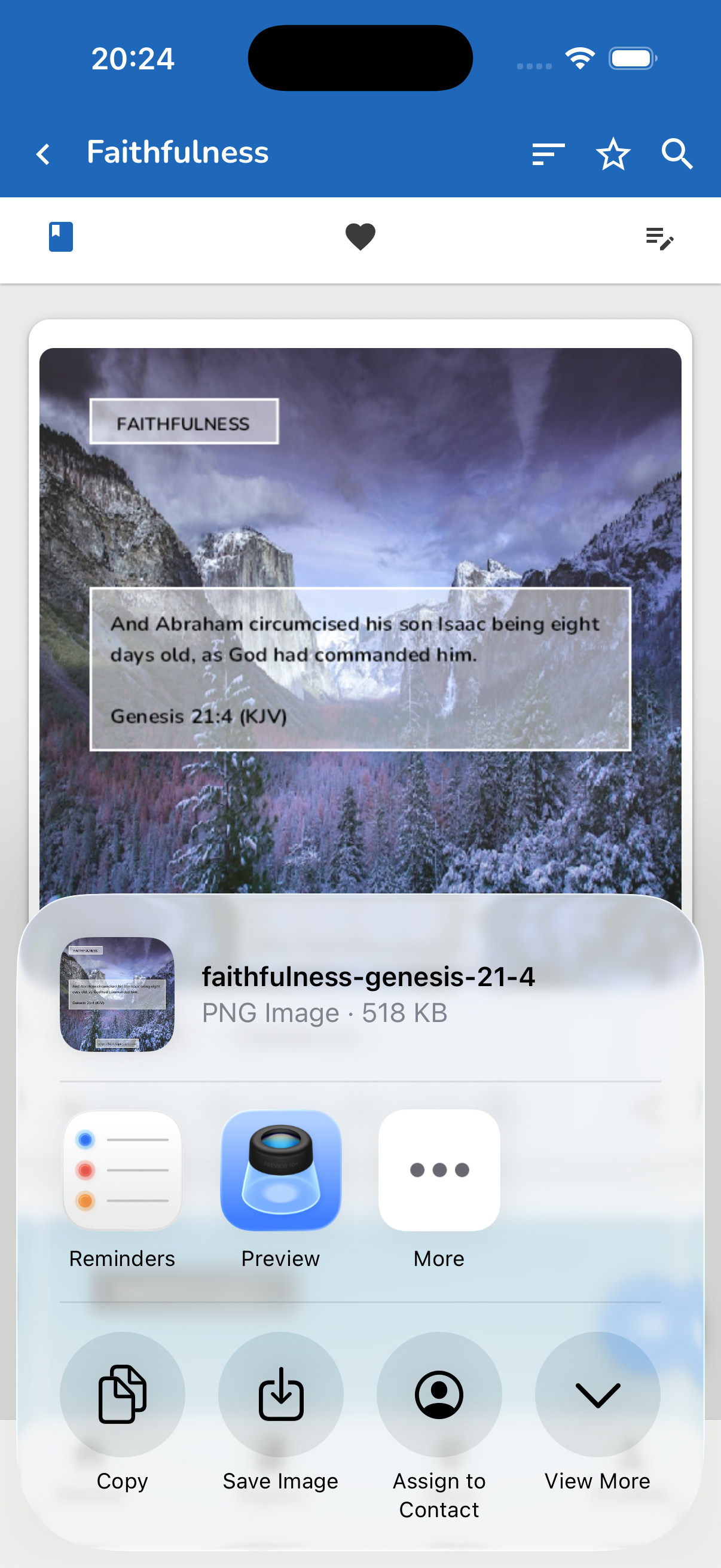 iOS share sheet opened from a Bible Topics verse image