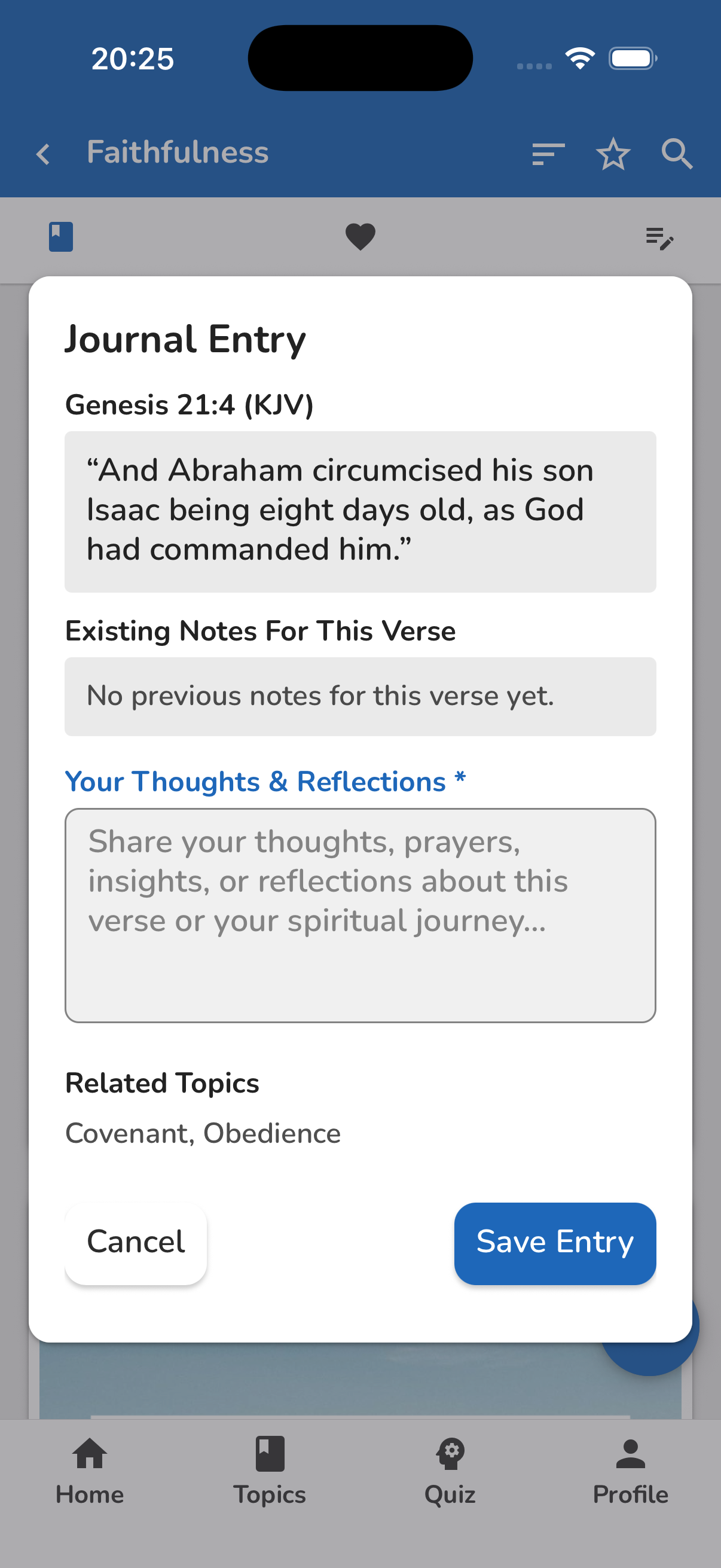 Bible Topics journal note modal