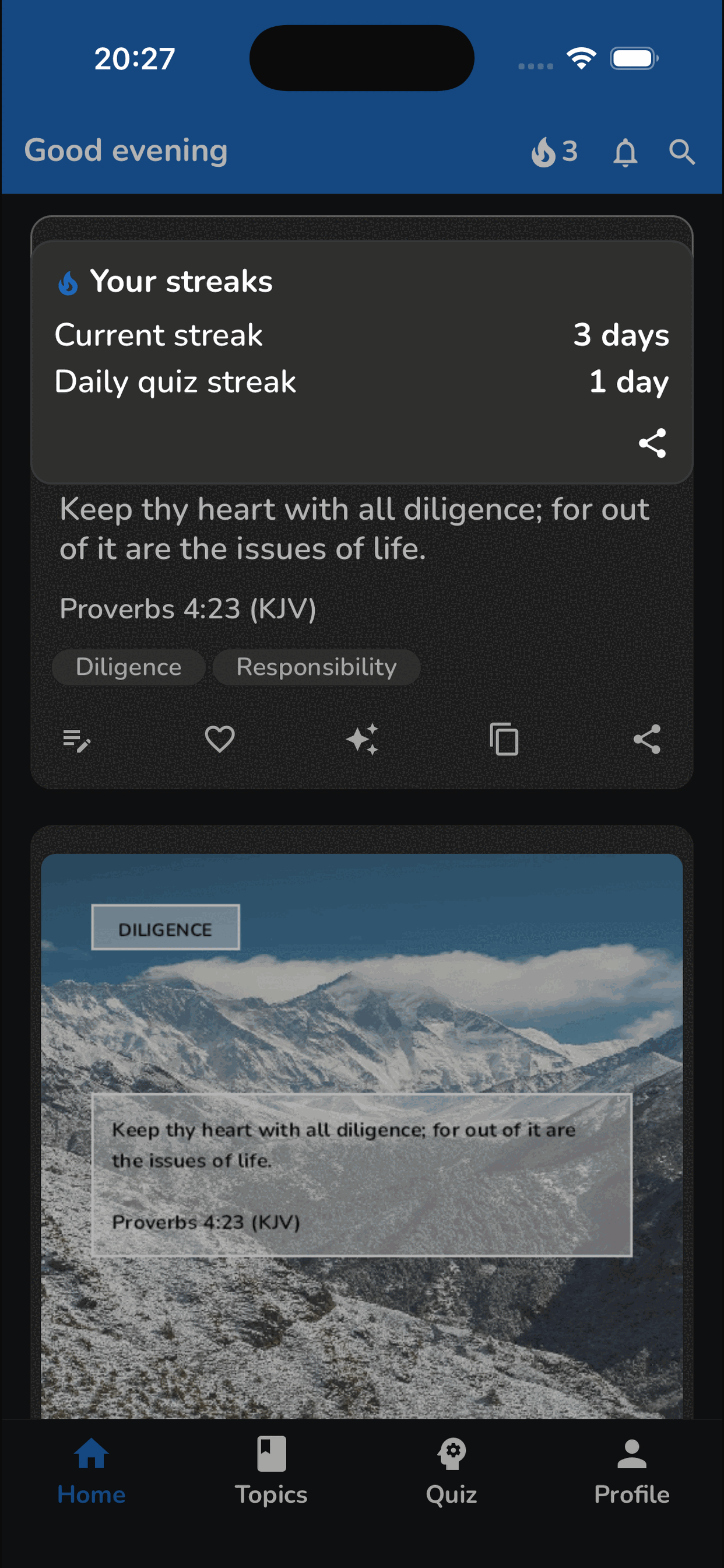 Bible Topics dark mode home screen
